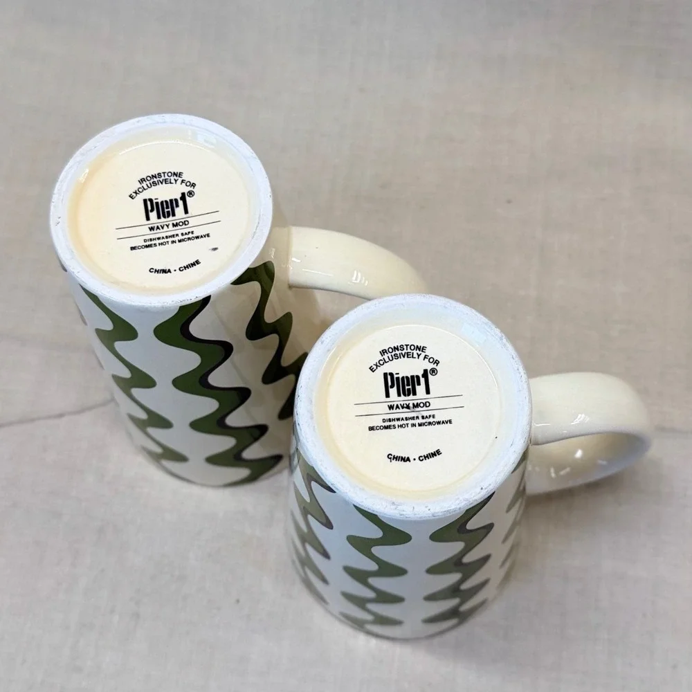 Pier 1 Wavy Mod Ironstone Coffee Mugs Green Brown Cream Set of 2 Retro Style Y2K